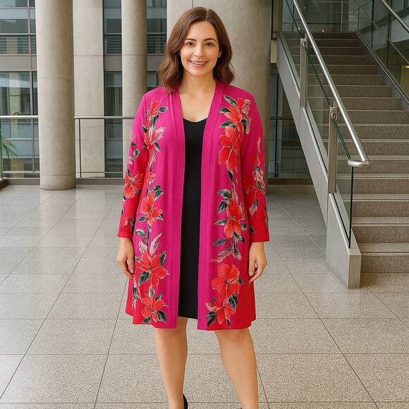 NWT Chico's Maxi Cardigan Sweater Women's Size 3 (XL) Lily Bahamian Pink Floral - Picture 1 of 8